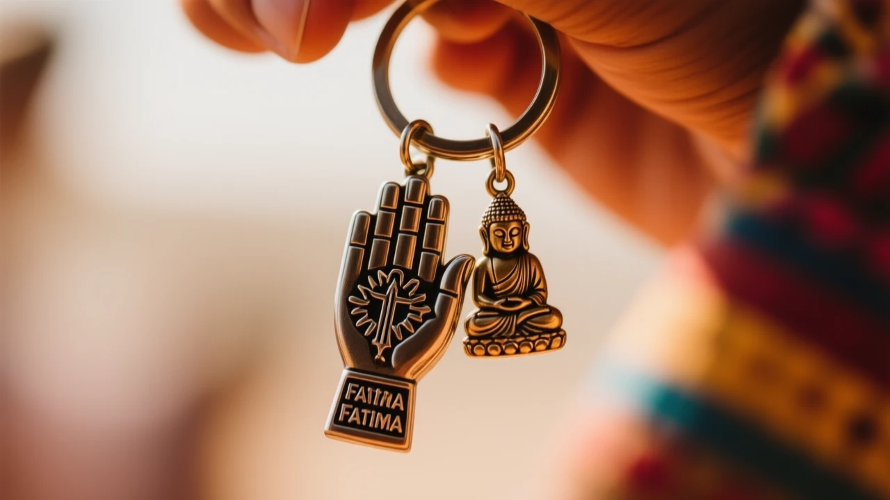 Porte-clés touristique mêlant une main de Fatma et une petite amulette bouddhiste, symbole de fusion culturelle en Malaisie