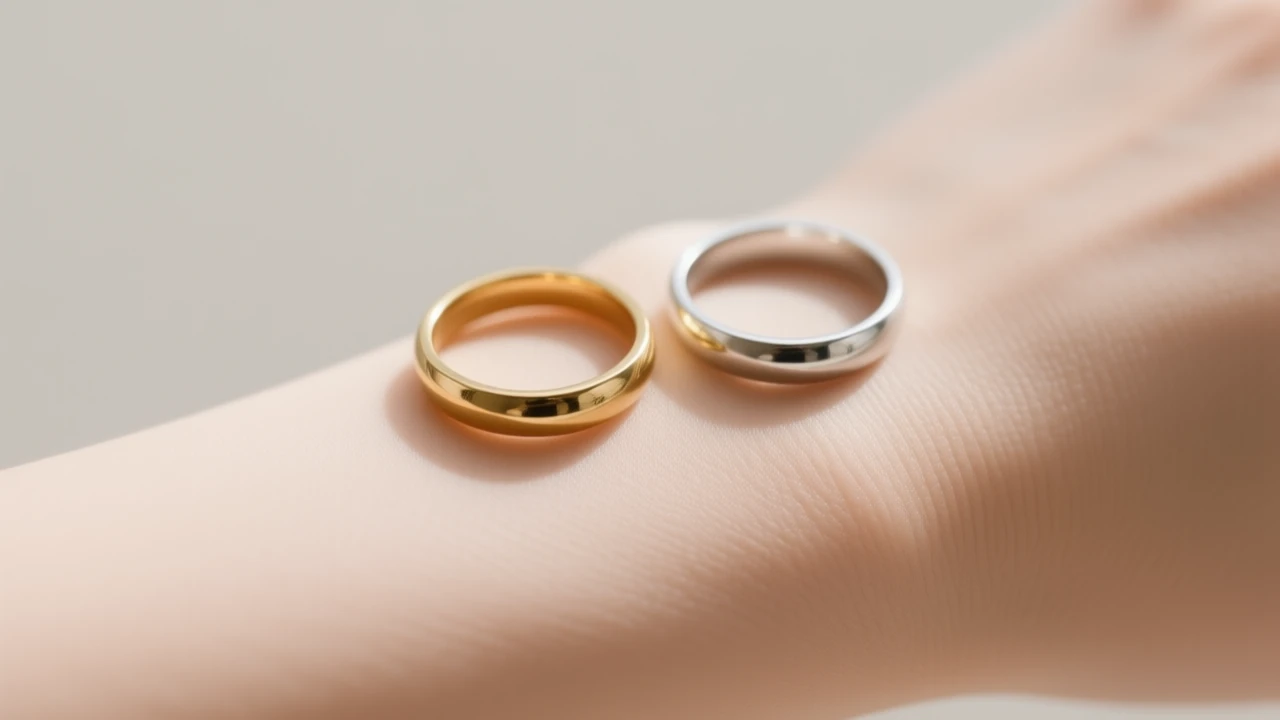 Bague en or et bague en argent posées côte à côte sur une peau, illustrant le choix entre les deux métaux