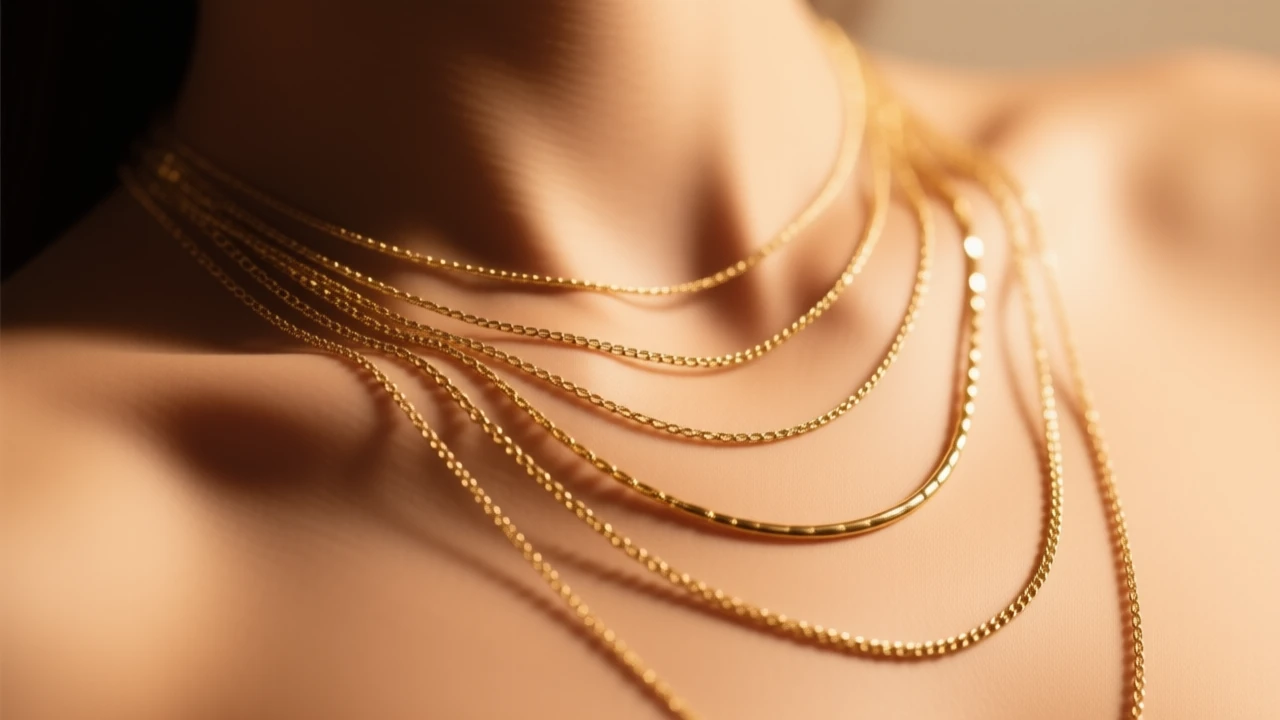 Plusieurs colliers en or de longueurs différentes superposés sur une peau, illustrant le stacking bijoux